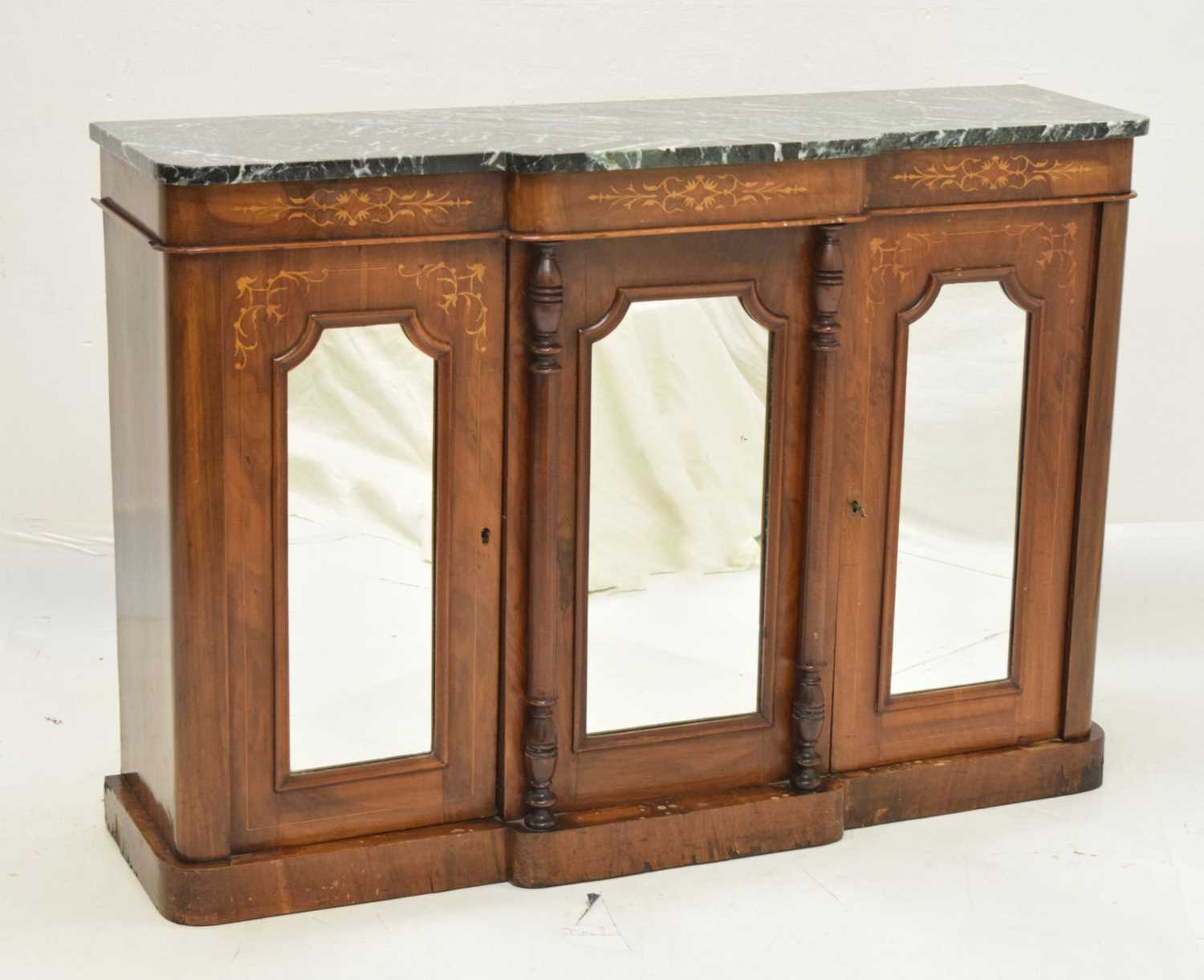 19th century inlaid walnut breakfront credenza or side cabinet with marble top