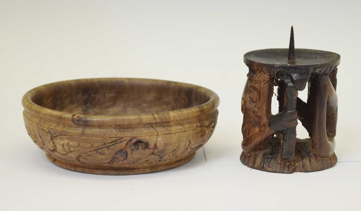 African wooden bowl and pricket candlestick