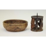 African wooden bowl and pricket candlestick