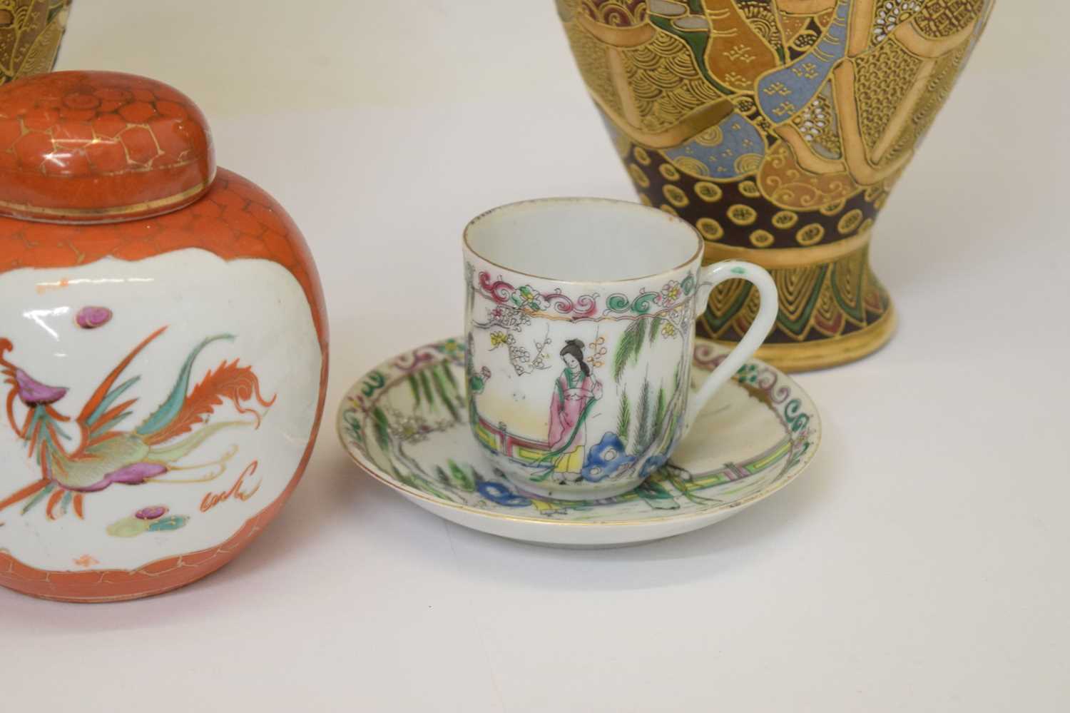 Pair of late Japanese satsuma vases, ginger jar and cup and saucer - Image 4 of 12