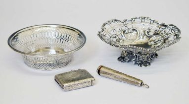 Two silver dishes, silver vesta case, and cheroot case