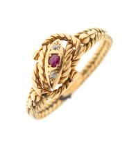 Ruby and diamond 18ct gold rope twist ring