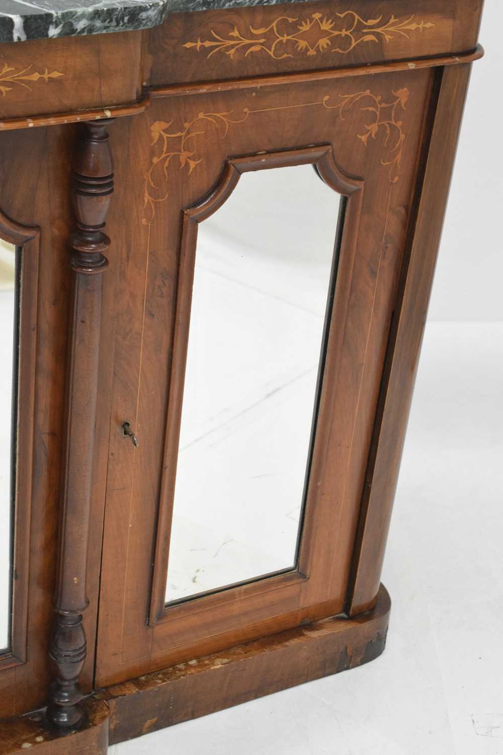 19th century inlaid walnut breakfront credenza or side cabinet with marble top - Image 5 of 13
