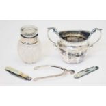 Silver twin-handled sugar bowl, etc