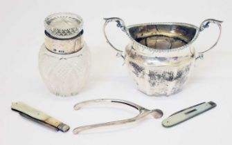 Silver twin-handled sugar bowl, etc