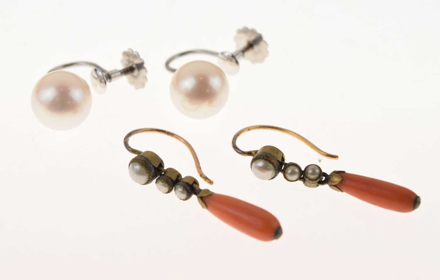 Pair of 19th century coral and pearl earrings, and a pair of cultured pearl earrings