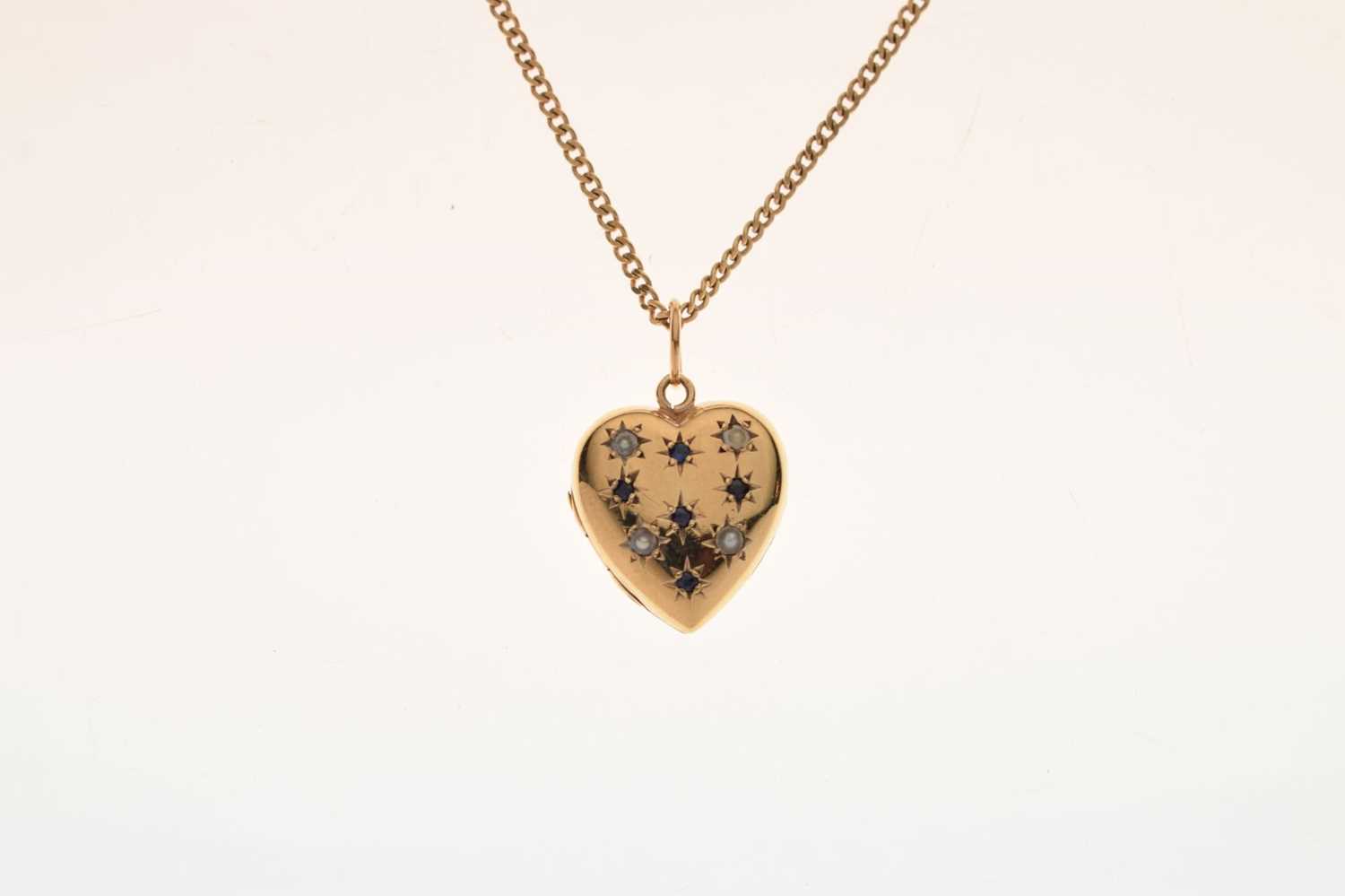 Pearl and sapphire 9ct gold heart-shaped locket pendant necklace - Image 7 of 7