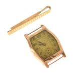Circa 1940s gentleman's 9ct gold watch head and 9ct gold tie clip