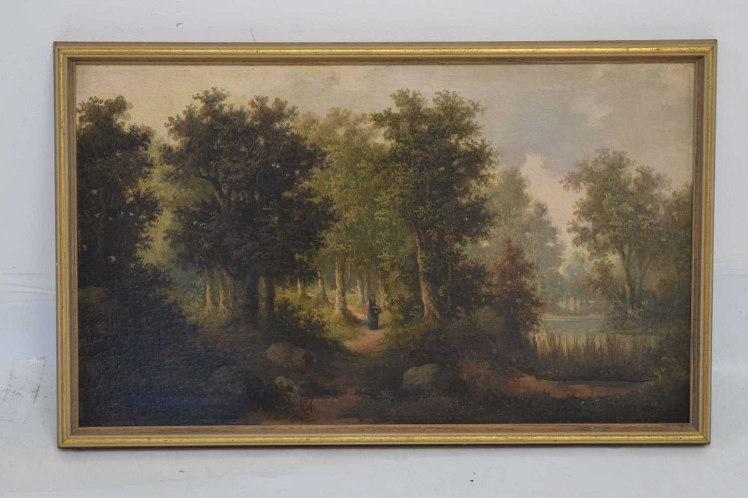 19th century oil on canvas - Woodland scene with figure on a path - Image 2 of 9