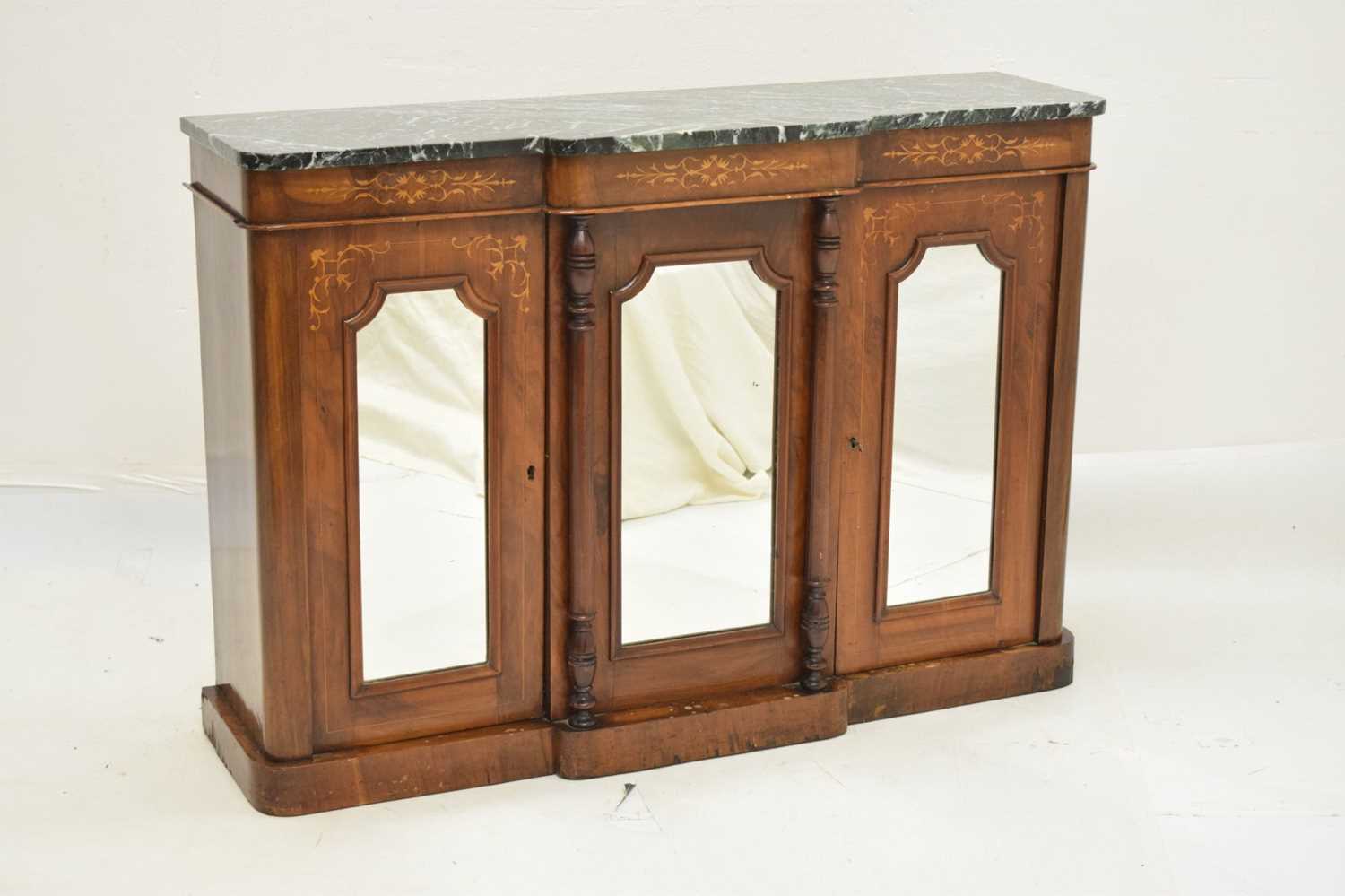 19th century inlaid walnut breakfront credenza or side cabinet with marble top - Image 2 of 13