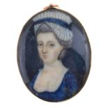 19th century small oval portrait miniature of a lady in a blue dress
