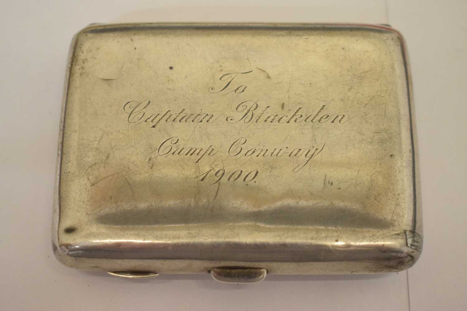 Late Victorian silver cigarette case, decorated with a military scene, and embroidered handkerchiefs - Image 4 of 11