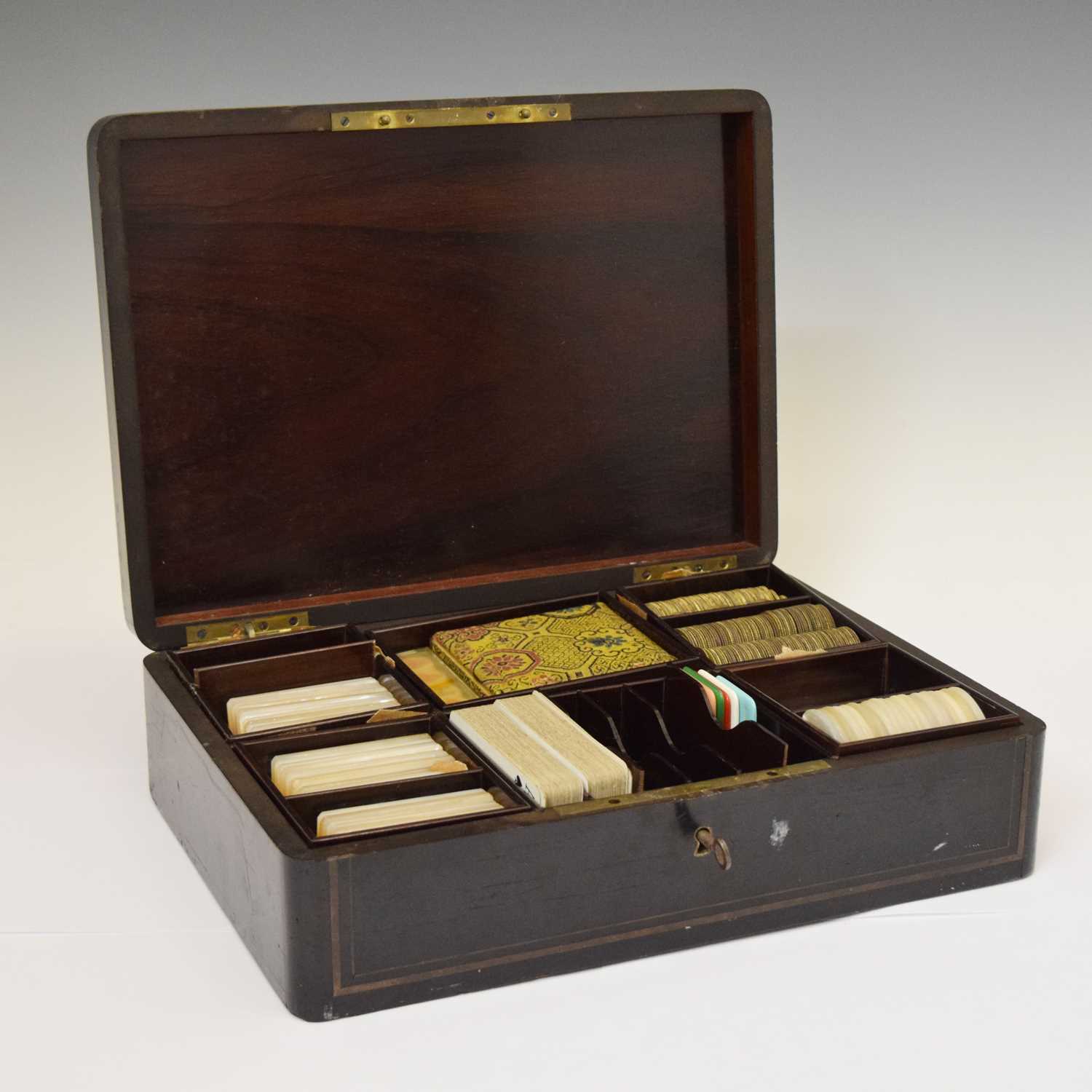 Victorian rosewood and brass bound games box