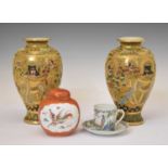 Pair of late Japanese satsuma vases, ginger jar and cup and saucer