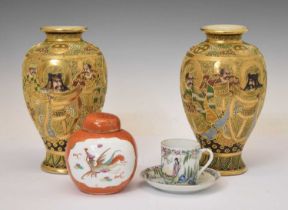 Pair of late Japanese satsuma vases, ginger jar and cup and saucer