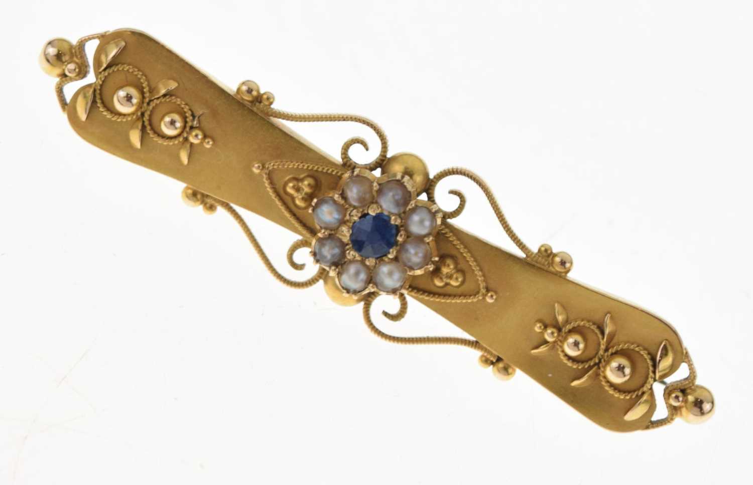 Late Victorian sapphire and seed pearl 15ct gold brooch