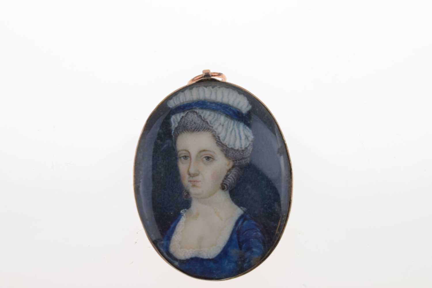 19th century small oval portrait miniature of a lady in a blue dress - Image 6 of 6