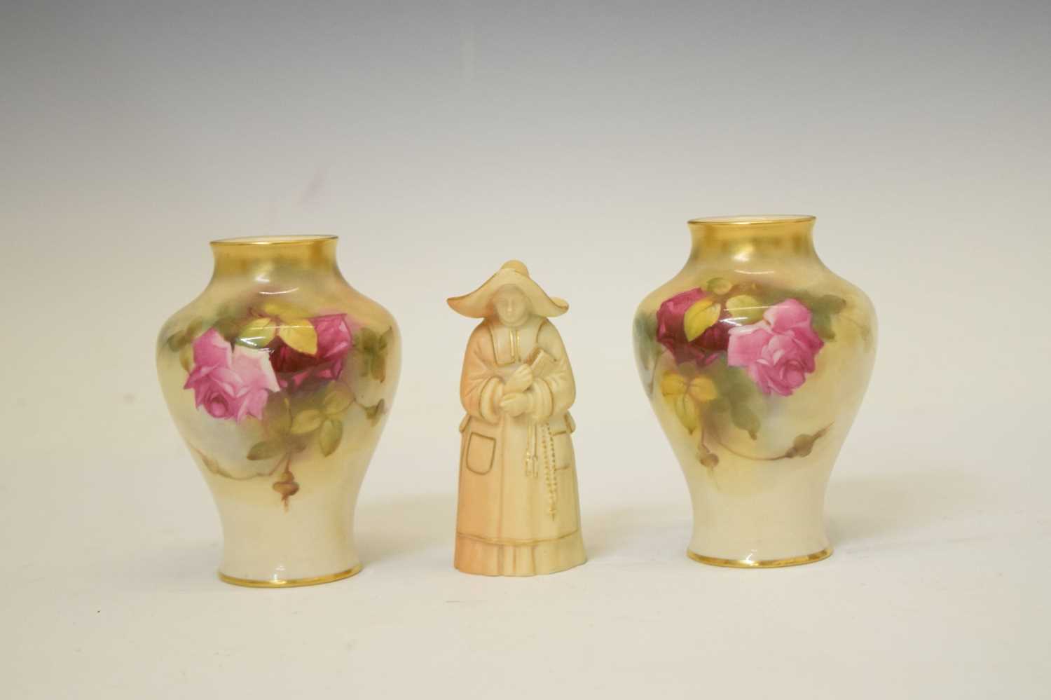 Pair of small Royal Worcester vases and a Royal Worcester 'Nun' candle snuffer