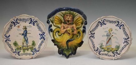French faience wall bracket and a pair of plates