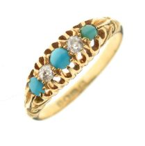 Edwardian turquoise and diamond 18ct gold boat head ring