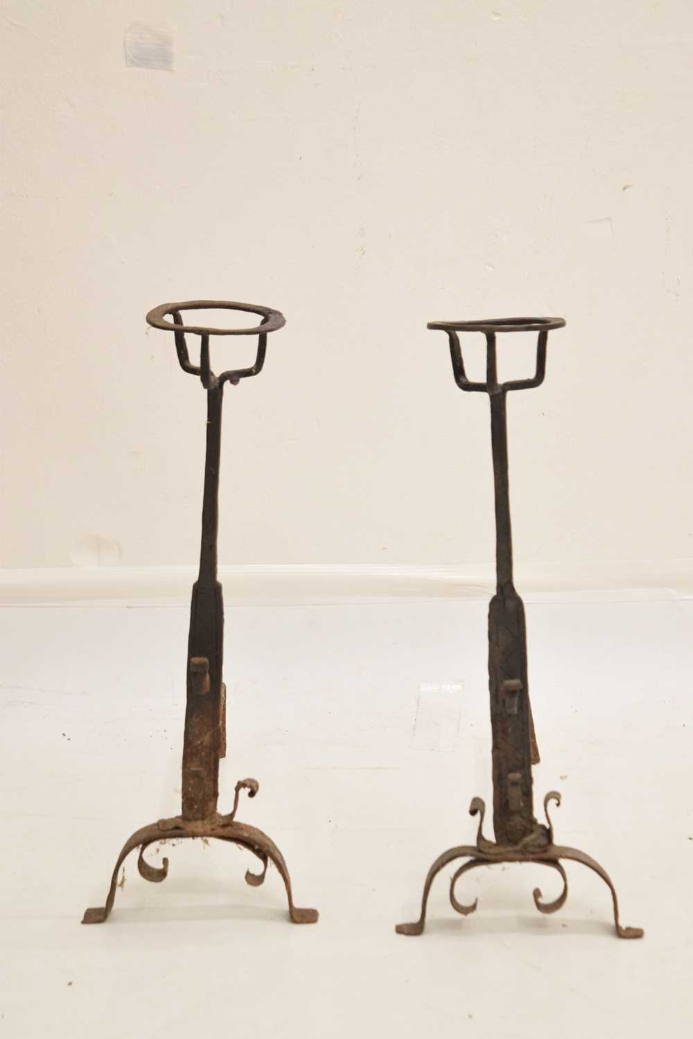 Pair of antique wrought iron cresset-top spit dogs - Image 2 of 3