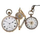 Silver cased open-face pocket watch, another silver pocket watch and 9ct lady's watch
