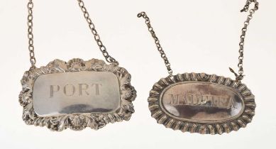Early Victorian silver Madeira decanter label, and an Elizabeth II Port decanter label