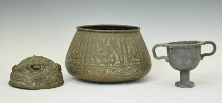 Lead urn, Middle Eastern bowl, and Nepalese Cheppu home protector