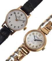 Omega - Lady's 9ct gold case wristwatch and an Everite lady's bracelet watch