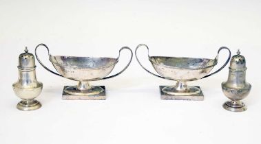Pair of George VI silver salts and a pair of Victorian silver pepperettes
