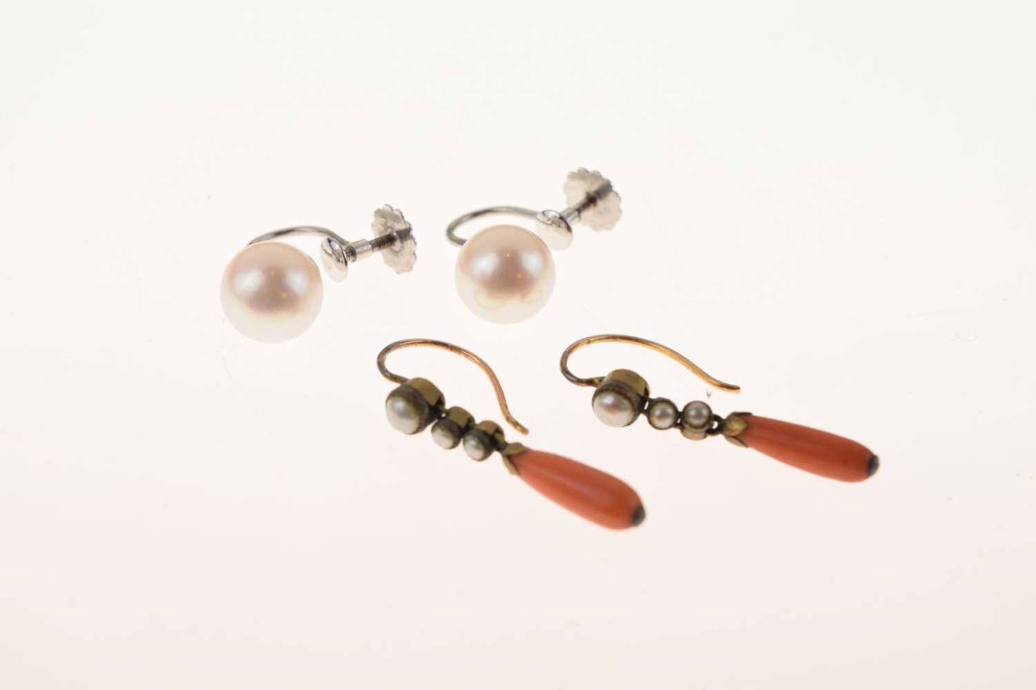 Pair of 19th century coral and pearl earrings, and a pair of cultured pearl earrings - Image 8 of 8