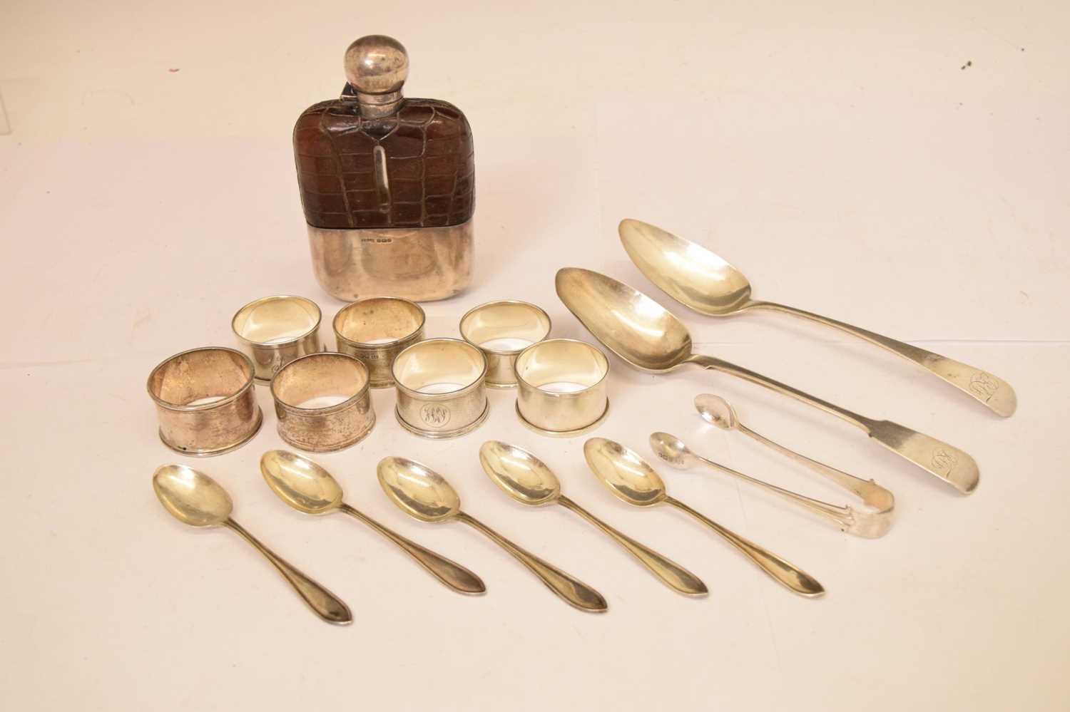 Edward VII silver mounted hip flask, seven silver napkin rings, teaspoons, etc - Image 2 of 12