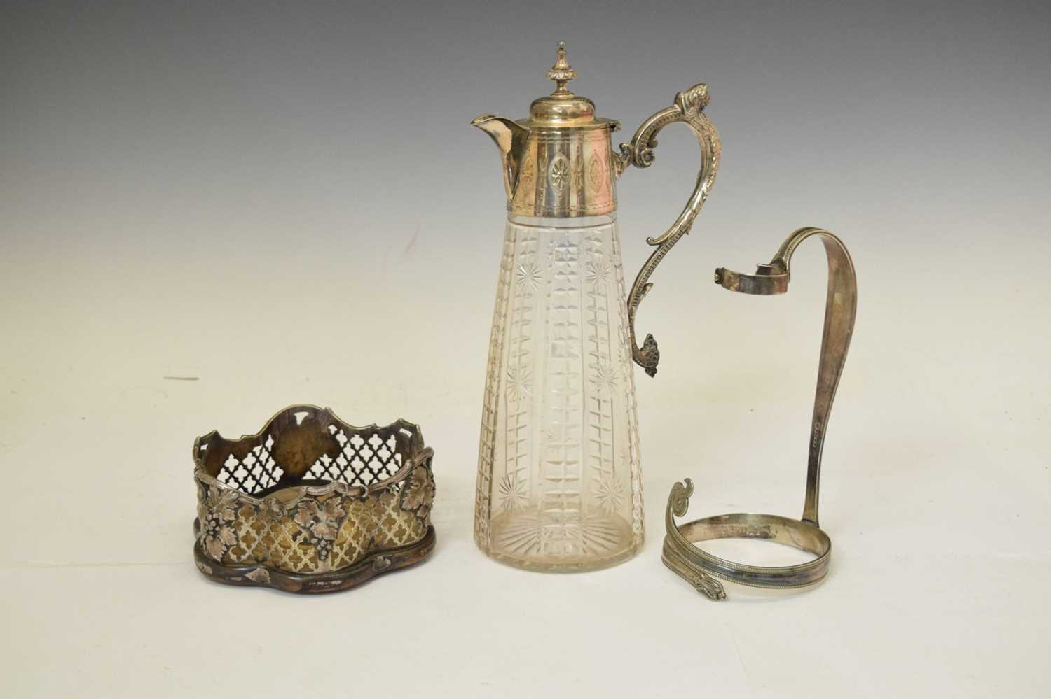 Victorian cut glass claret jug, a silver plated bottle coaster, and a wine bottle carrier - Image 2 of 10