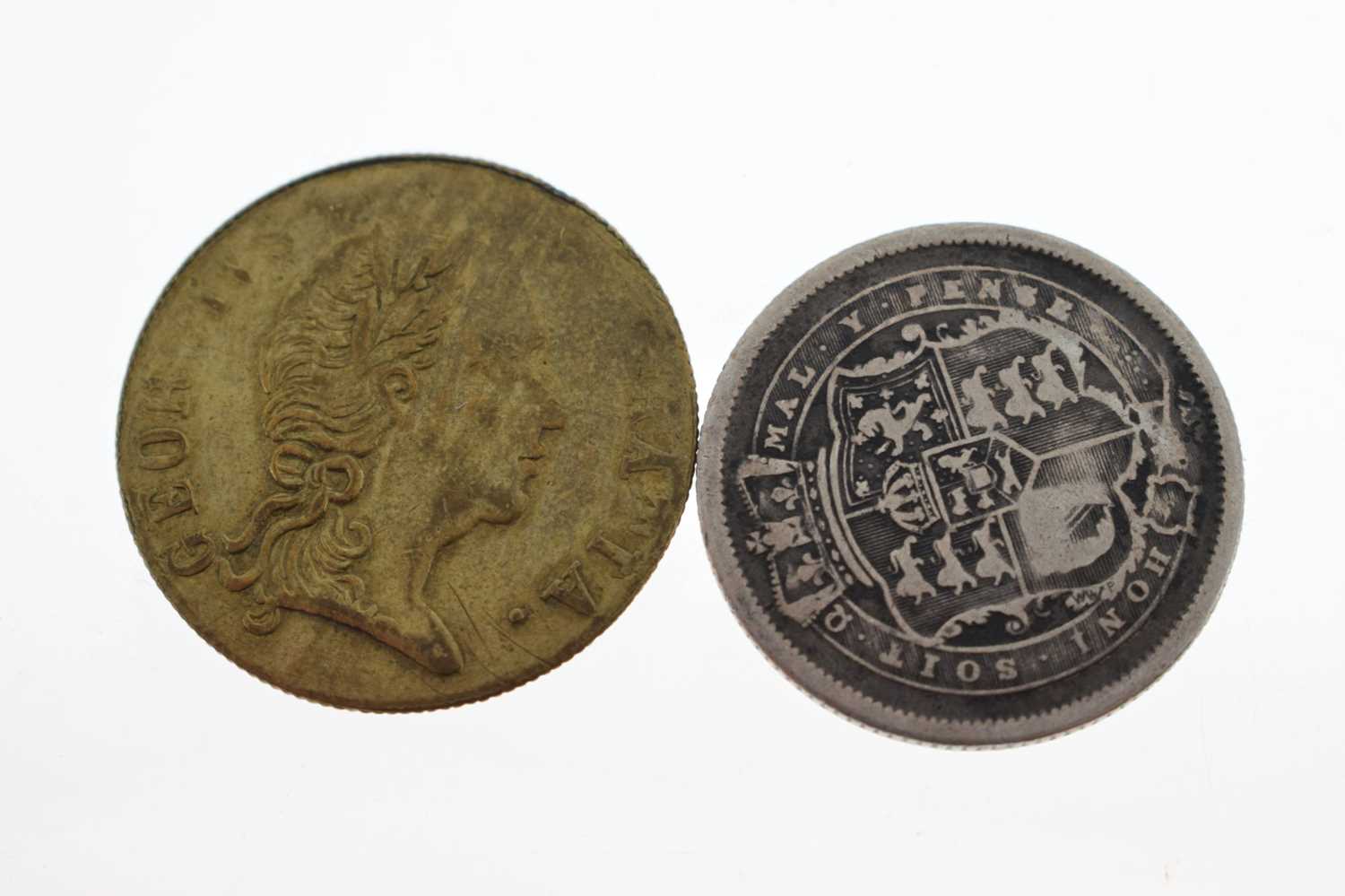 Victorian silver crown, George III shilling, and a Georgian gilt gaming counter - Image 4 of 7
