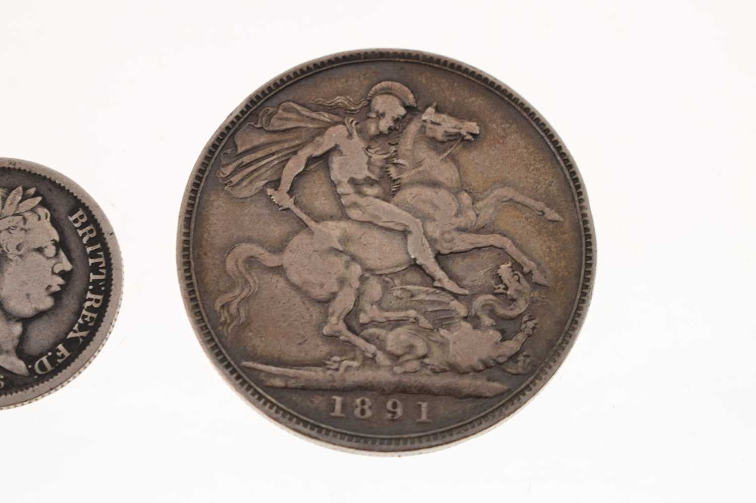 Victorian silver crown, George III shilling, and a Georgian gilt gaming counter - Image 3 of 7