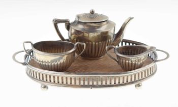 Silver miniature tea set and gallery tray, Chester