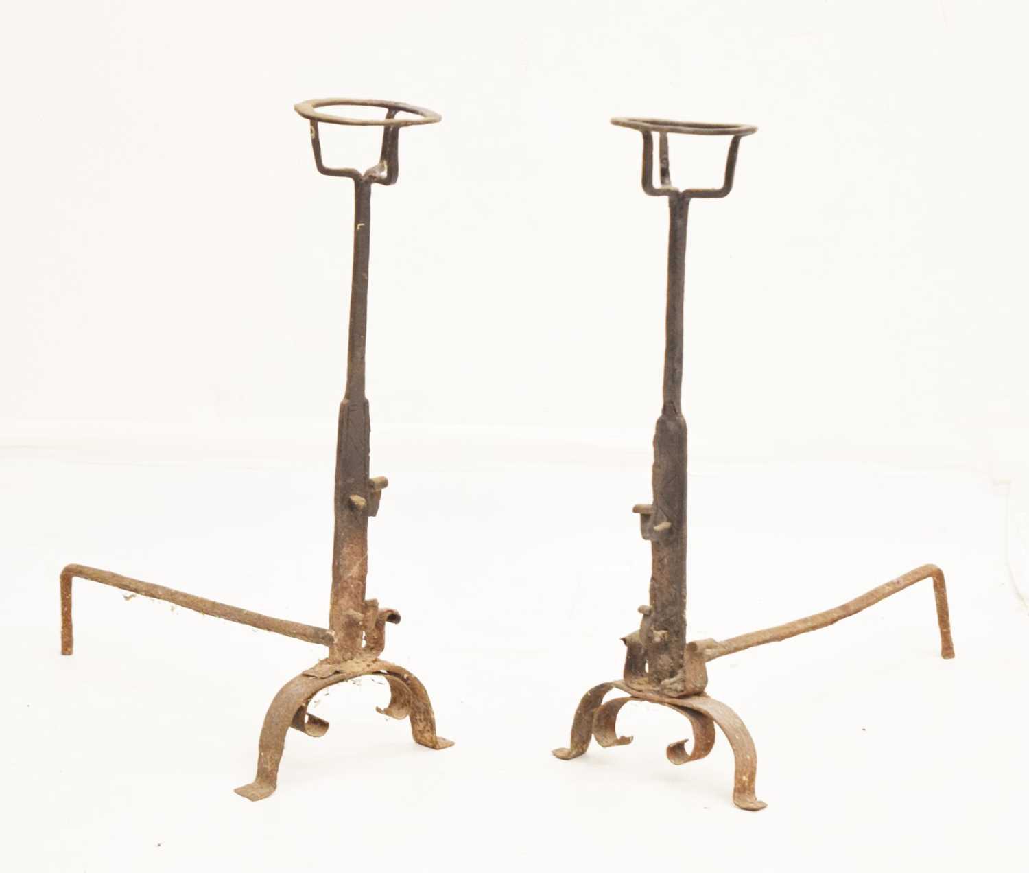 Pair of antique wrought iron cresset-top spit dogs