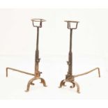 Pair of antique wrought iron cresset-top spit dogs