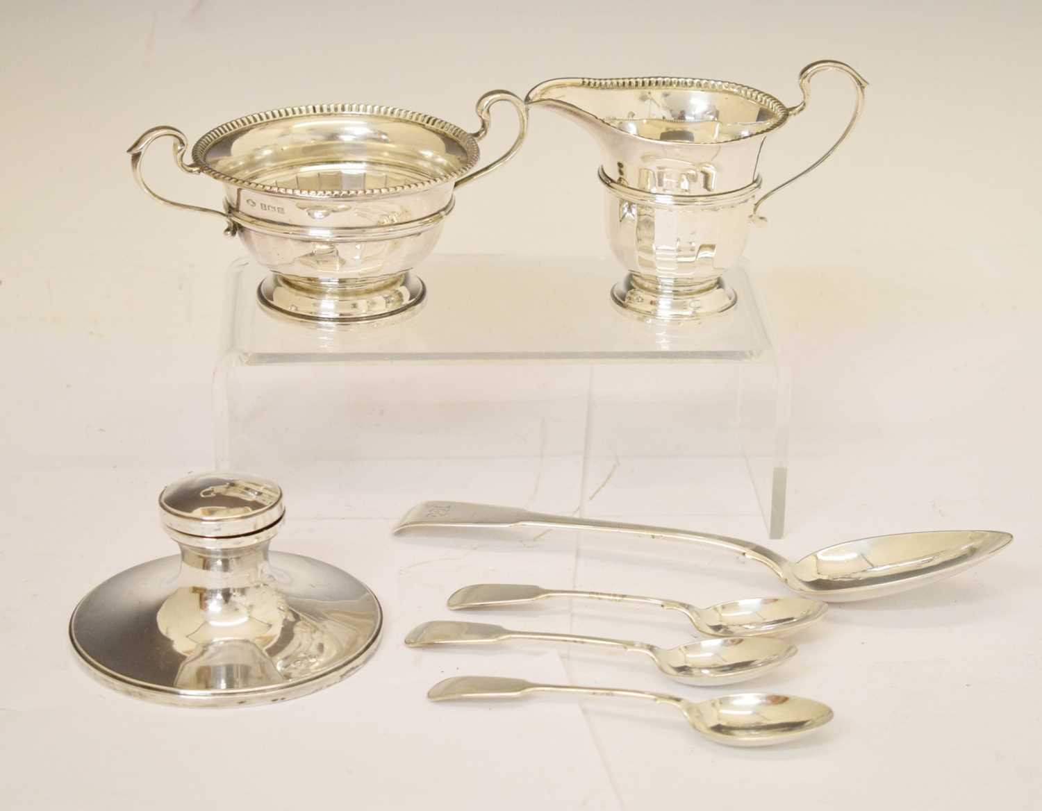 Elizabeth II silver cream jug and twin handled sugar bowl, etc