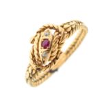 Ruby and diamond 18ct gold rope twist ring