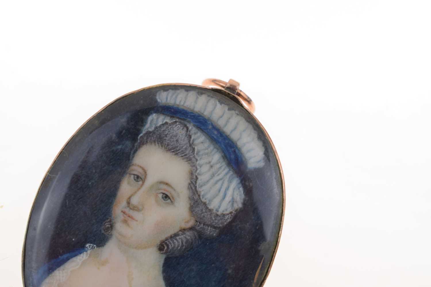 19th century small oval portrait miniature of a lady in a blue dress - Image 2 of 6