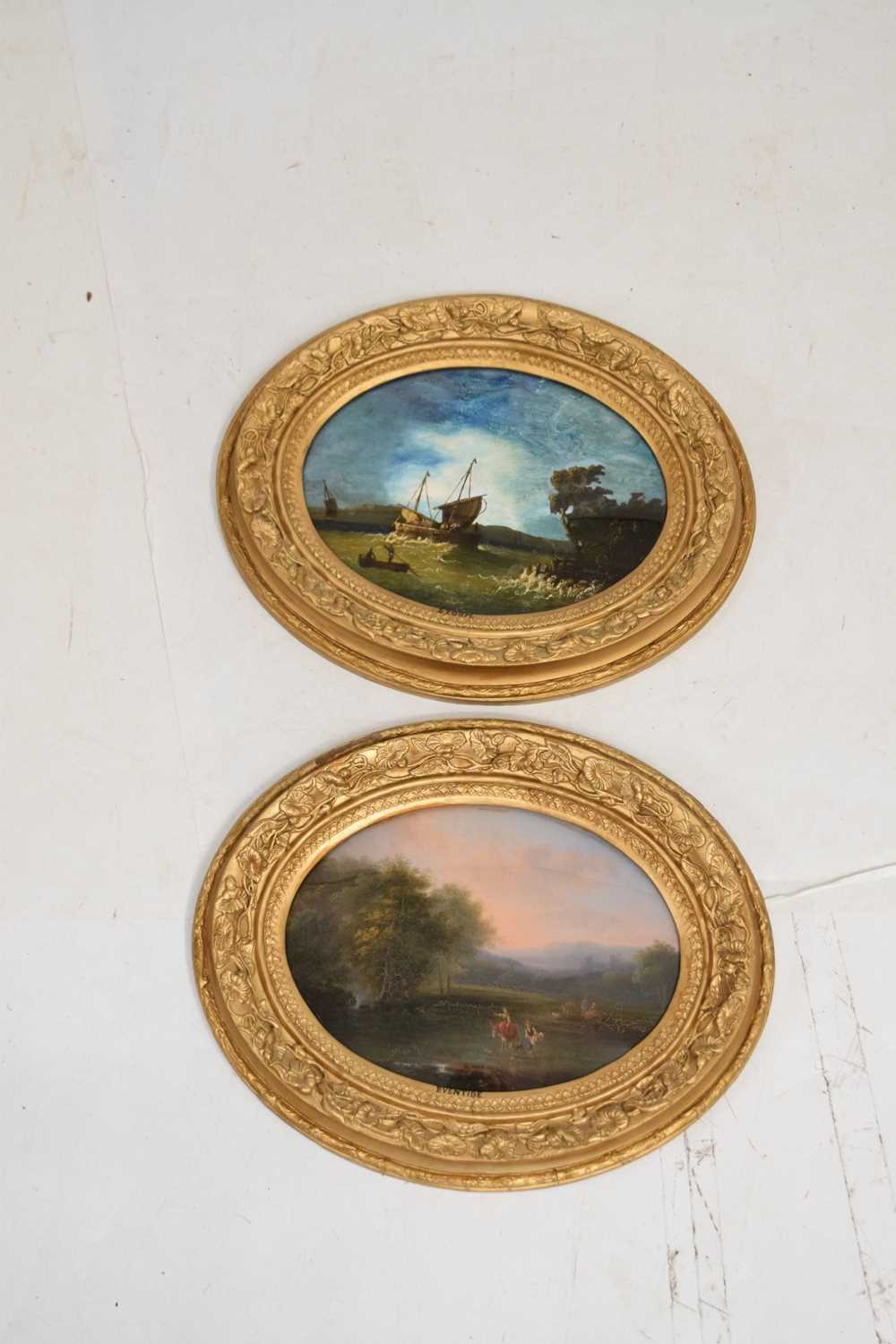 Pair of oval reverse glass paintings 'Storm' and 'Eventide' - Image 2 of 11