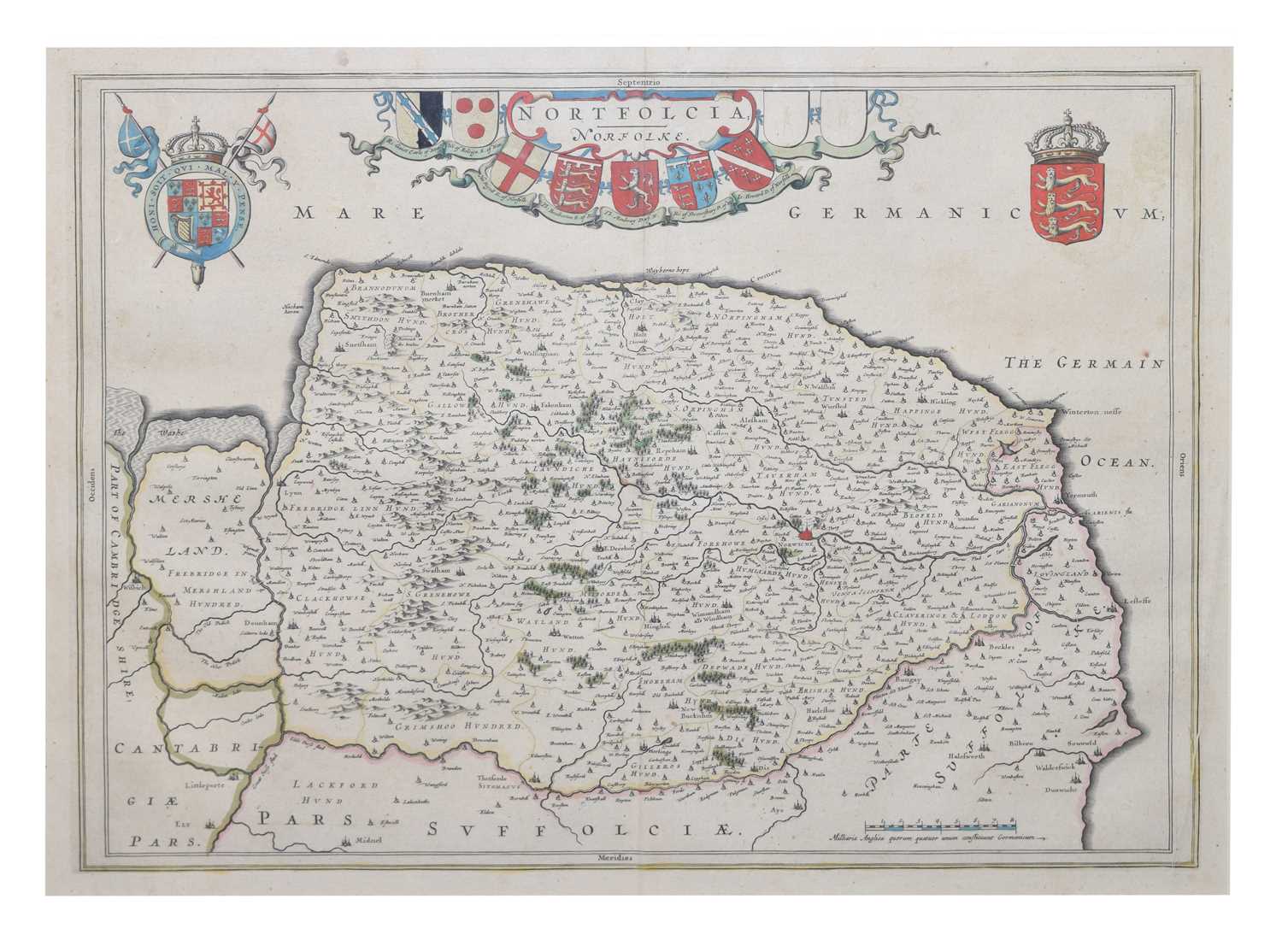 Johannes Blaeu - 17th century hand-coloured county map of Norfolk