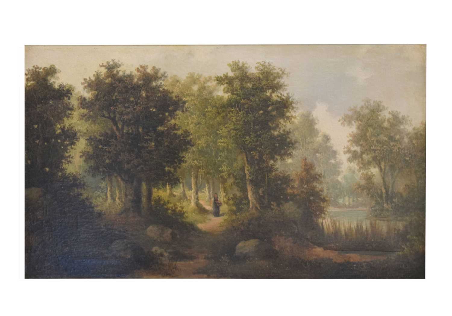 19th century oil on canvas - Woodland scene with figure on a path