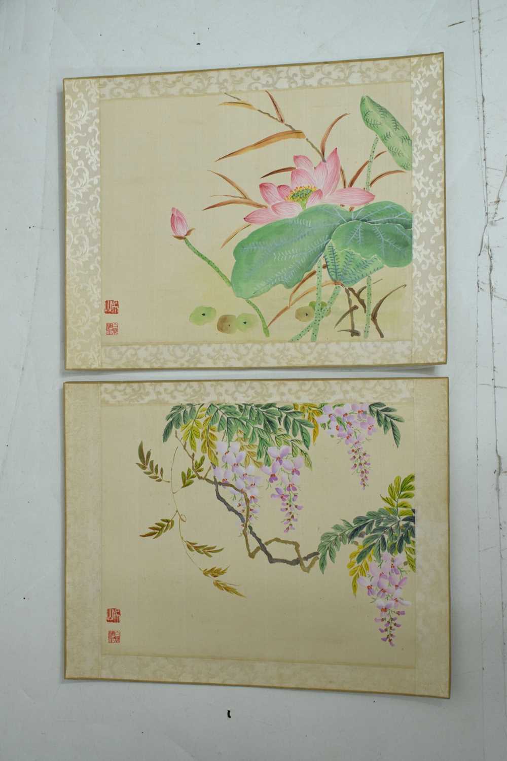 Pair of Chinese silk watercolour floral studies - Image 2 of 9