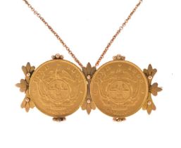 Two South African gold half pond coins, 1894 and 1896, mounted as a brooch