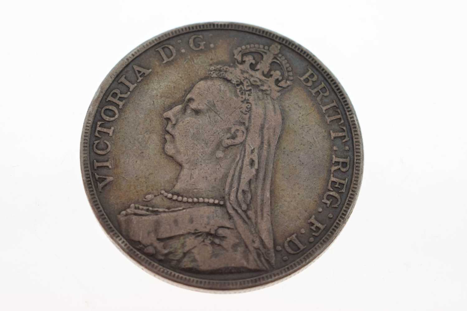 Victorian silver crown, George III shilling, and a Georgian gilt gaming counter - Image 5 of 7