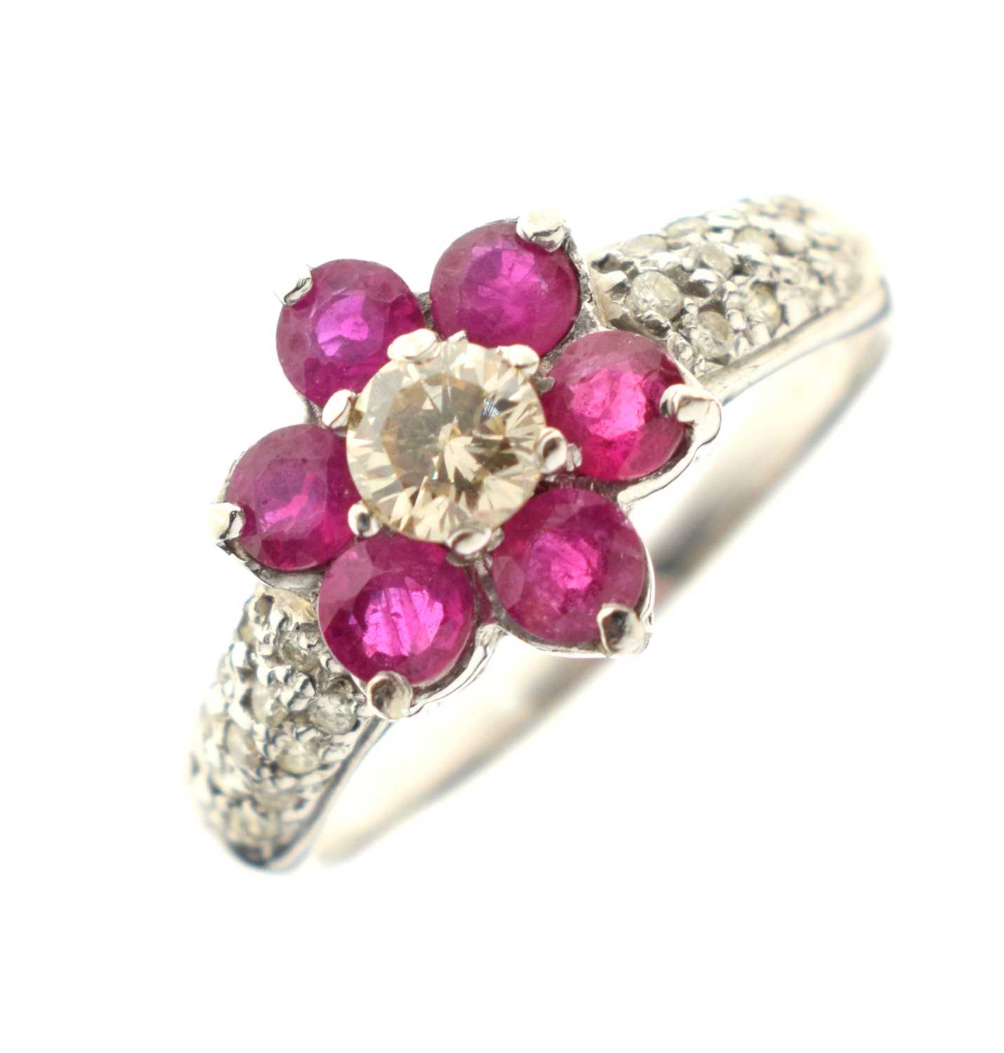 Ruby and diamond daisy cluster ring