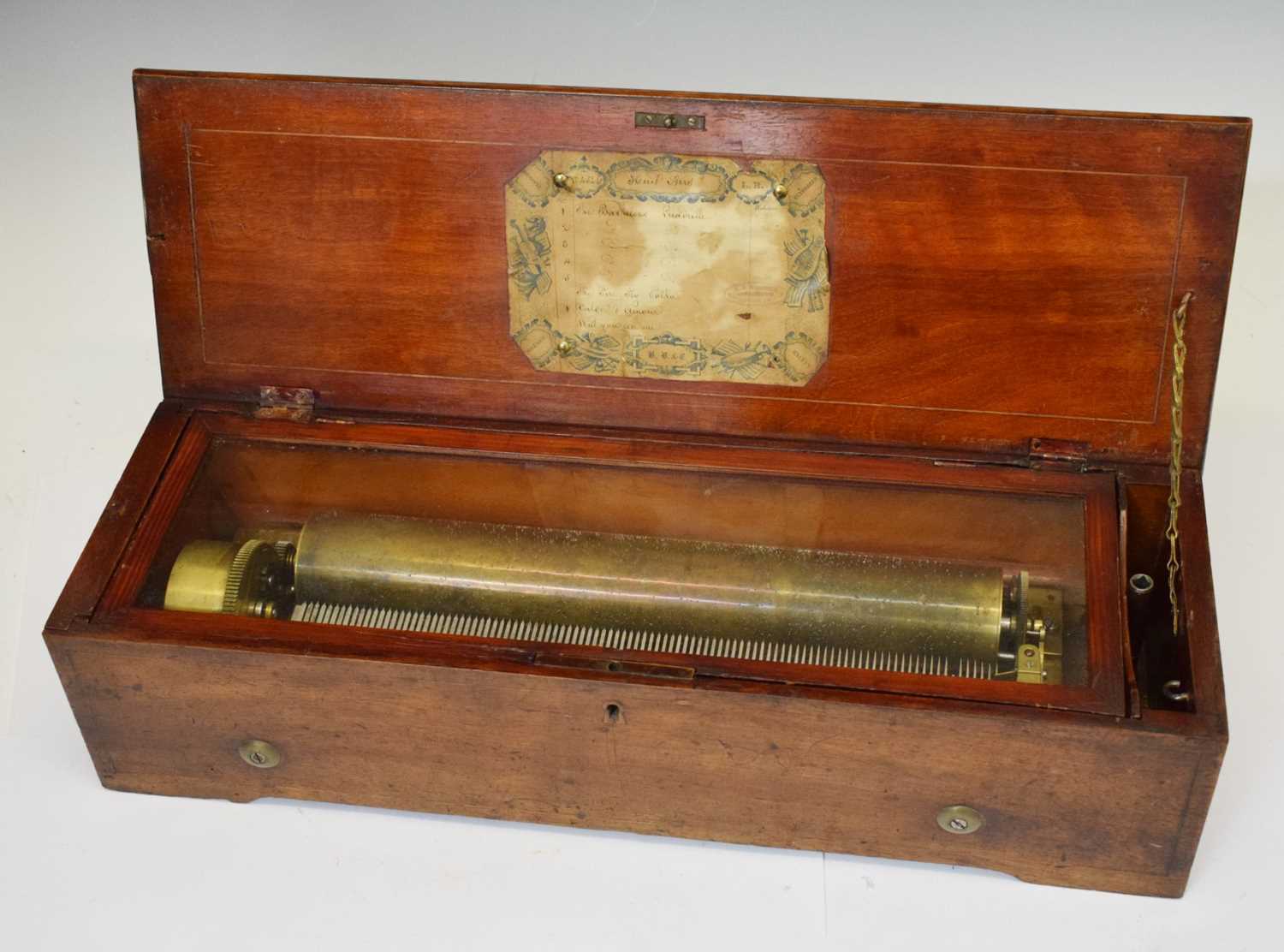 19th century mahogany inlaid cylindrical musical box