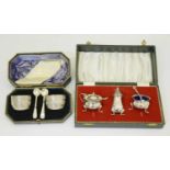 Cased pair of Victorian silver salts, and a cased Elizabeth II silver three-piece condiment set